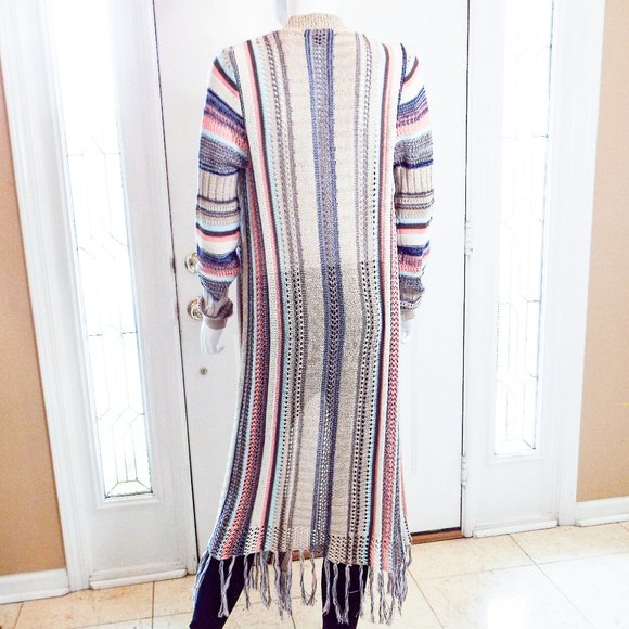 DON'T YOU DARE PINK BLUE MULTI LONG SLEEVE FULL LENGTH SPRING CARDIGAN W/ FRINGE - Picture 3 of 5